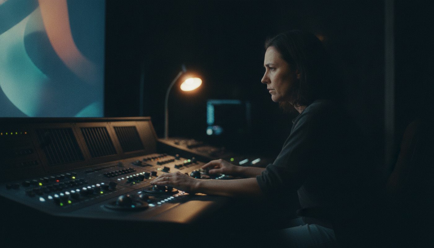 A creative reviewing footage at a grading panel in a dark suite
