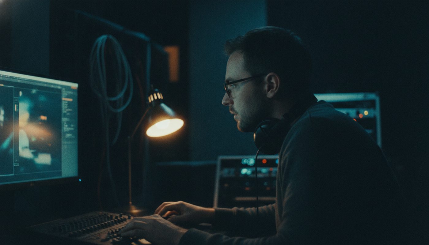 An editor studying a frame on a monitor in a dark edit suite