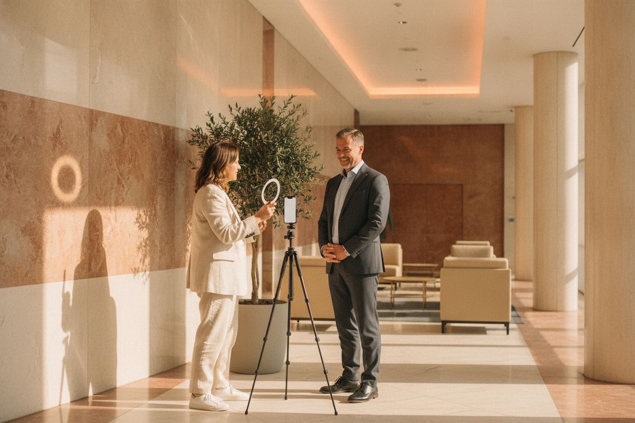 A creator filming a banker for a short video in the bank's lobby